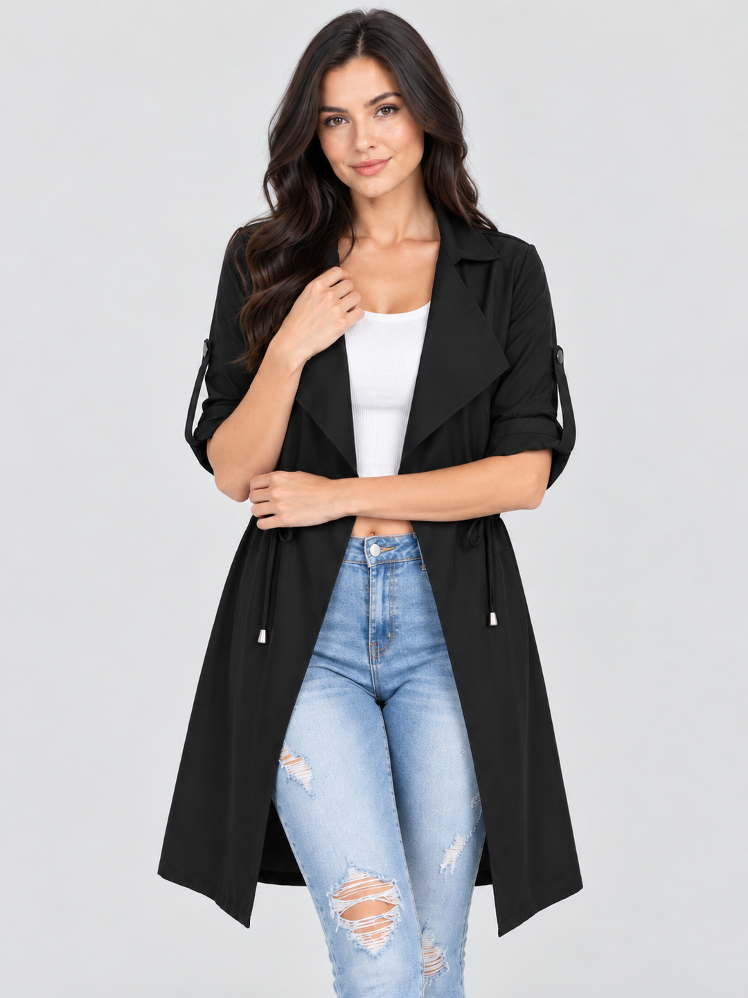 Black Solid Regular Jacket with Short Sleeves