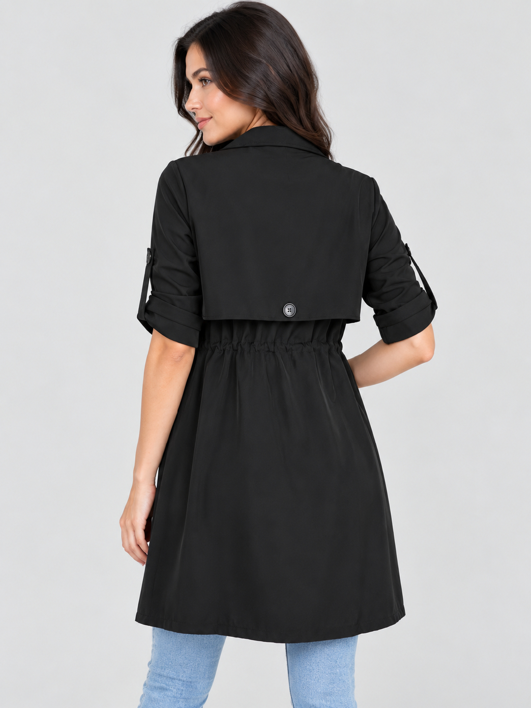 Black Solid Regular Jacket with Short Sleeves
