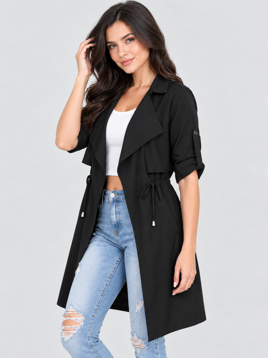 Black Solid Regular Jacket with Short Sleeves