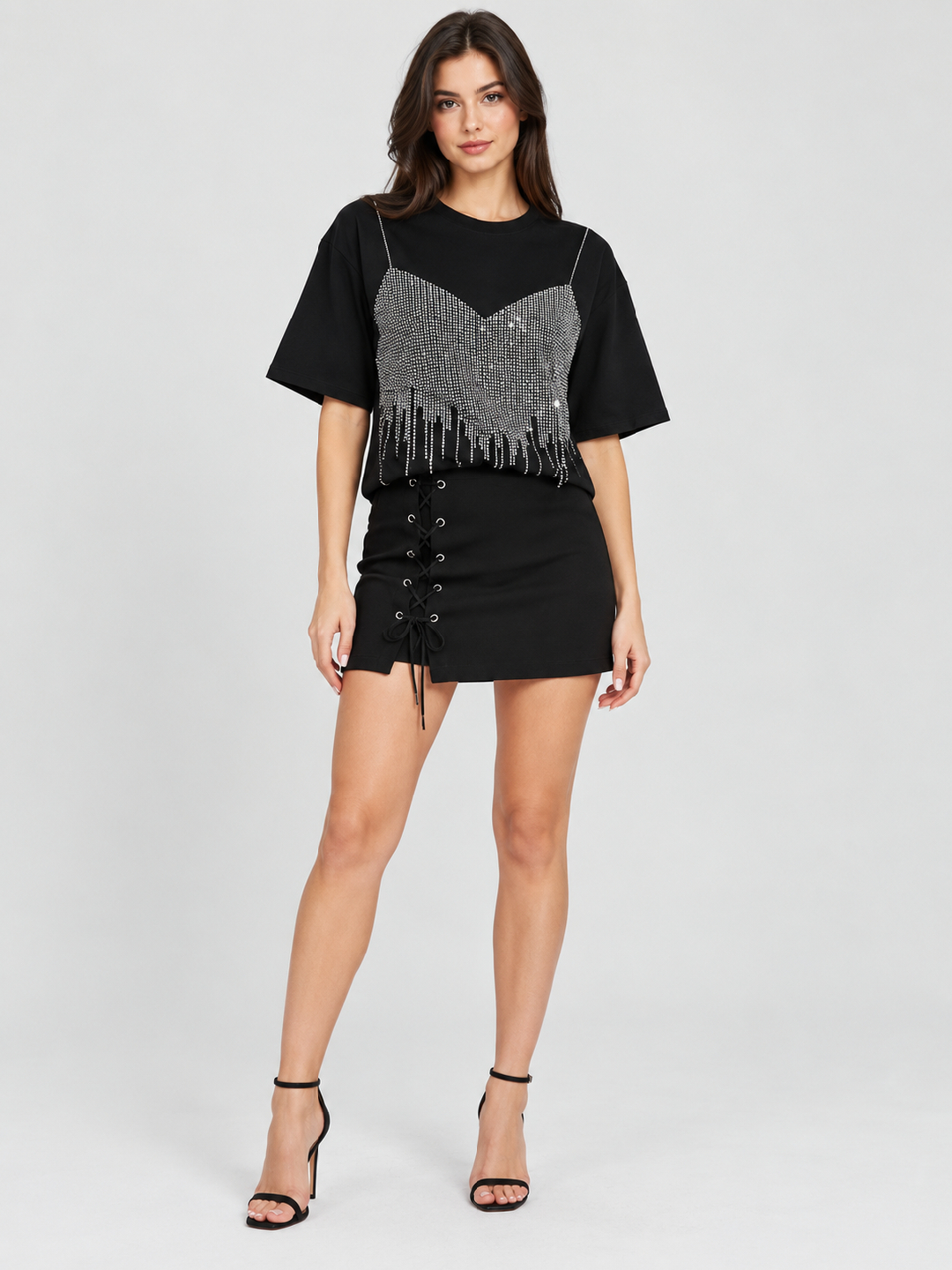Black Embellished Round Neck Regular T-Shirt