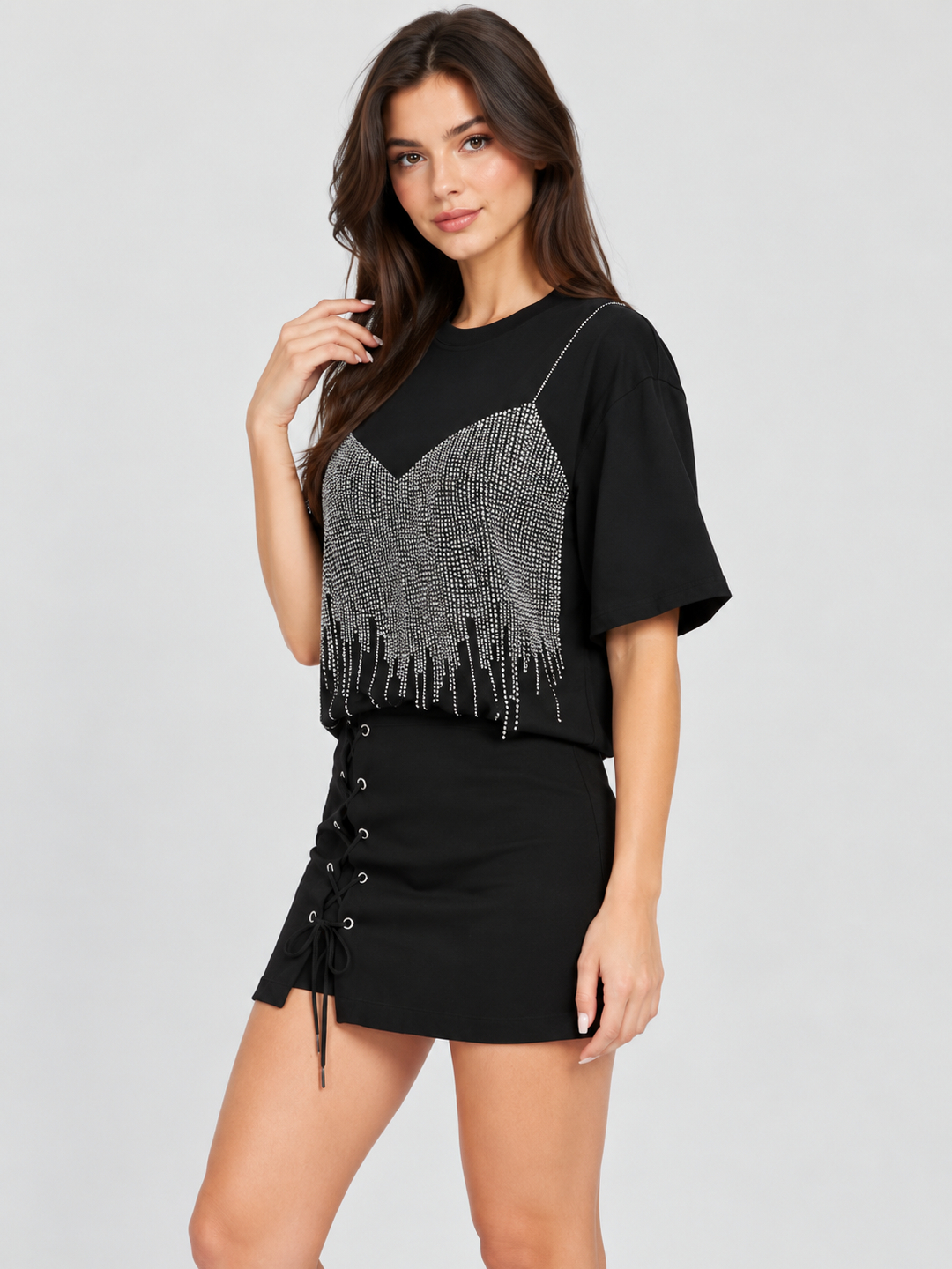 Black Embellished Round Neck Regular T-Shirt