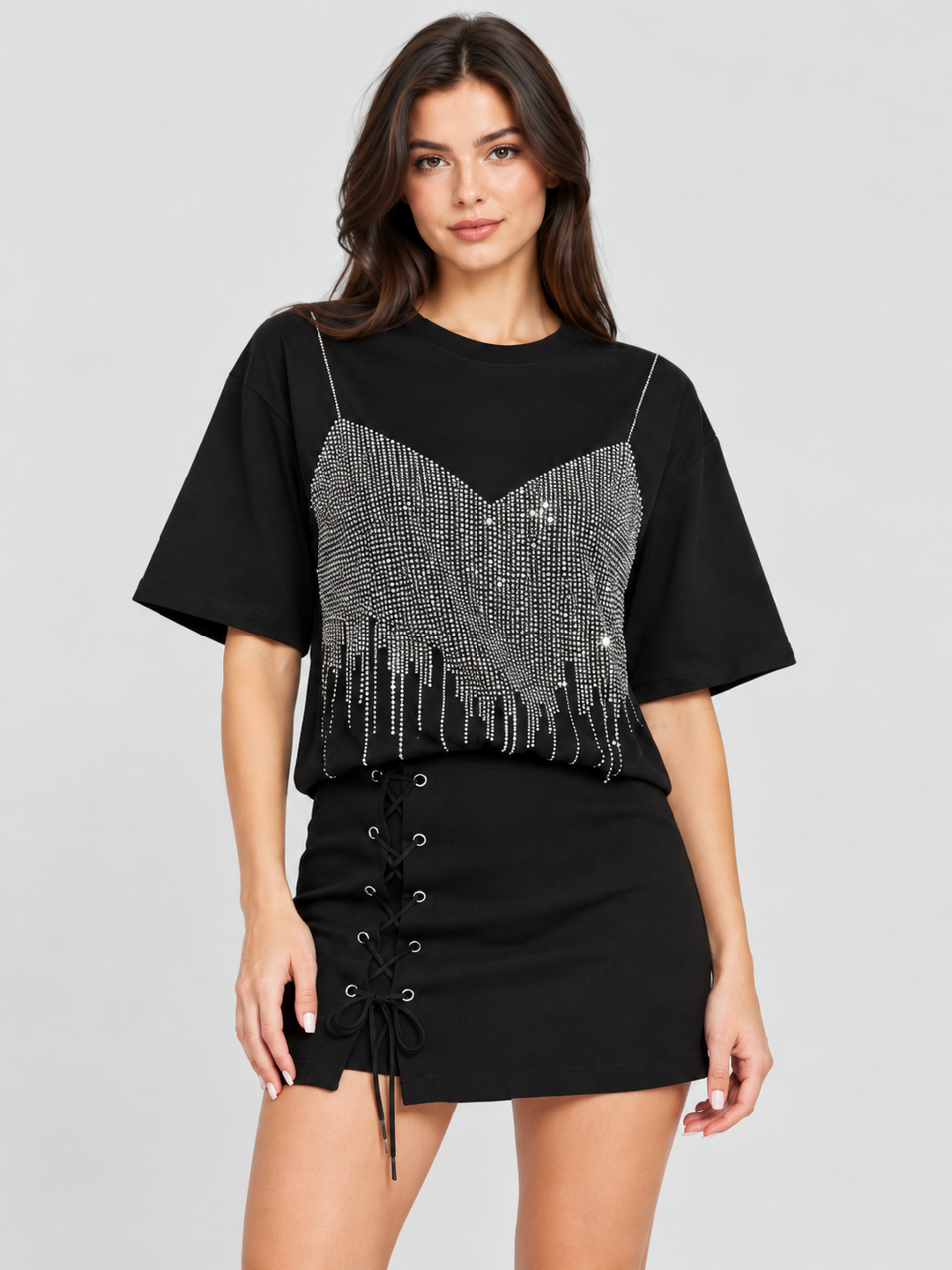 Black Embellished Round Neck Regular T-Shirt