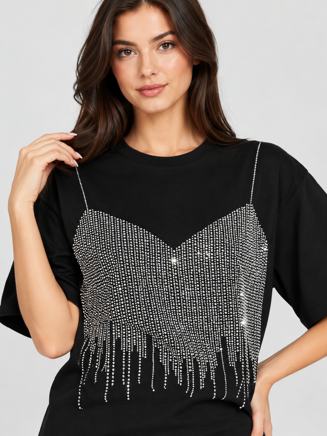Black Embellished Round Neck Regular T-Shirt