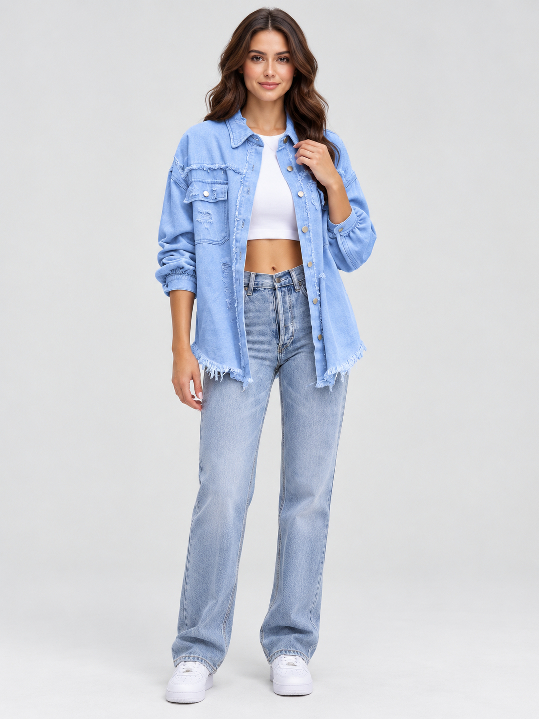 Blue Solid Regular Denim Jacket with Long Sleeves