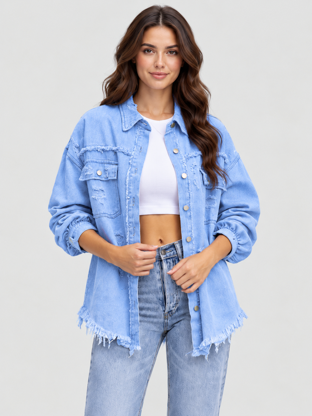 Blue Solid Regular Denim Jacket with Long Sleeves
