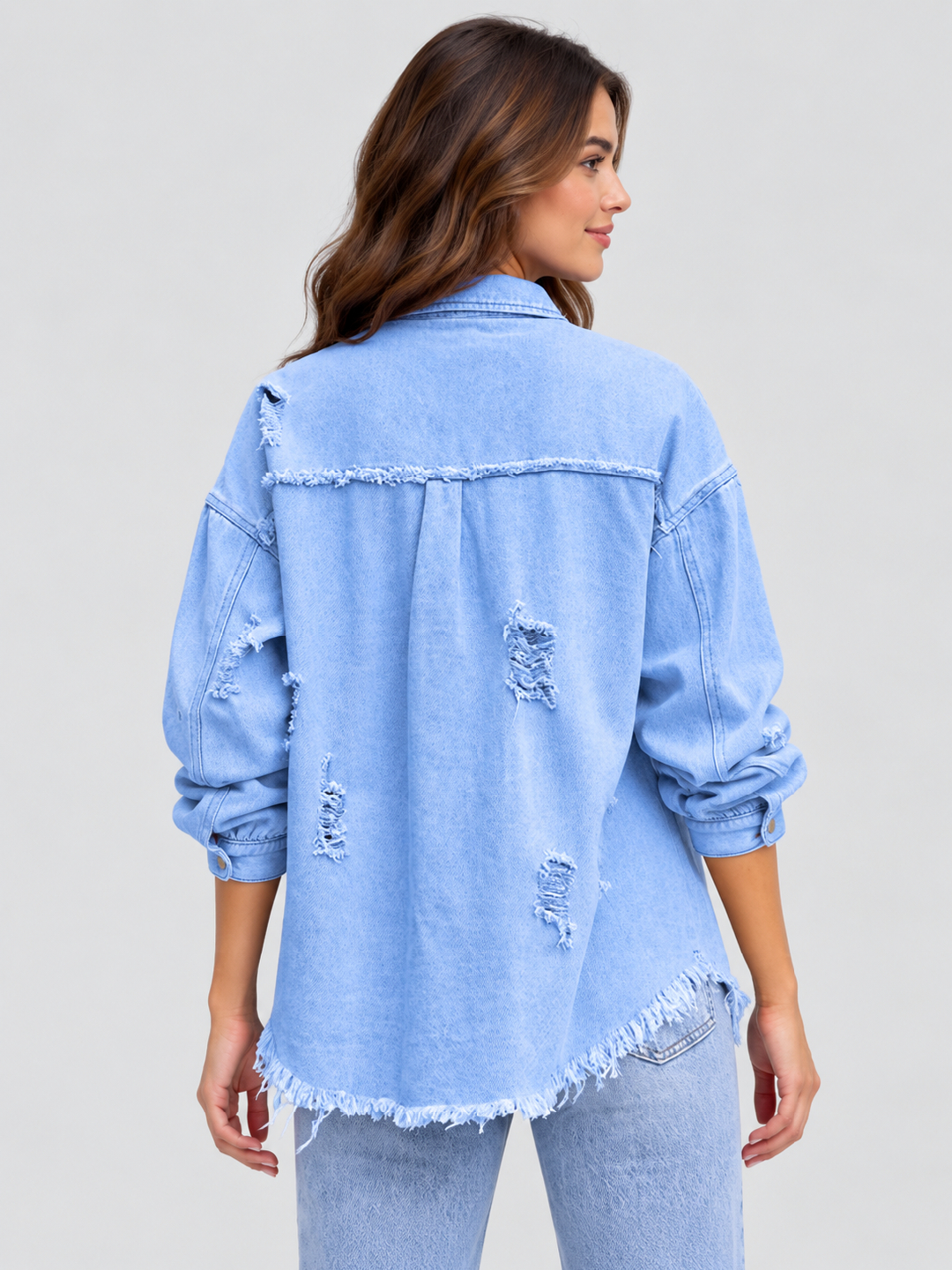 Blue Solid Regular Denim Jacket with Long Sleeves