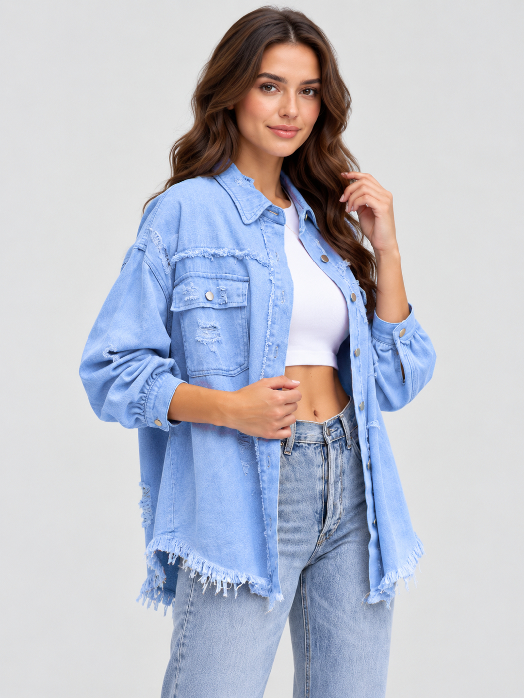 Blue Solid Regular Denim Jacket with Long Sleeves
