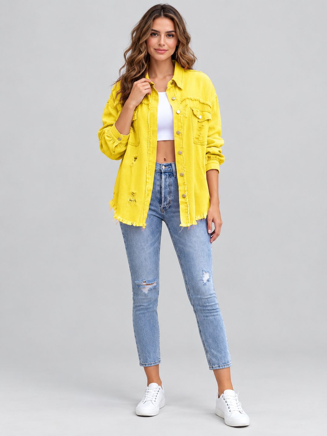 Yellow Solid Regular Denim Jacket with Long Sleeves
