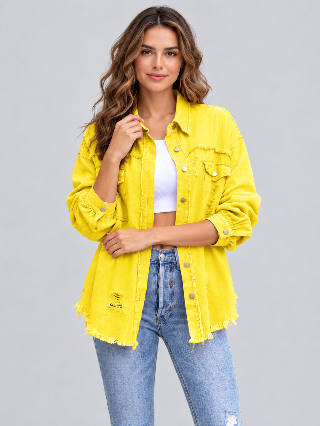 Yellow Solid Regular Denim Jacket with Long Sleeves