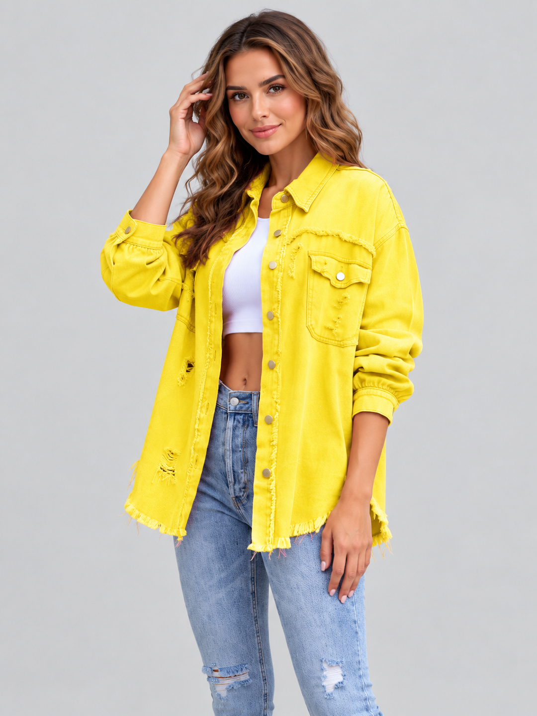 Yellow Solid Regular Denim Jacket with Long Sleeves