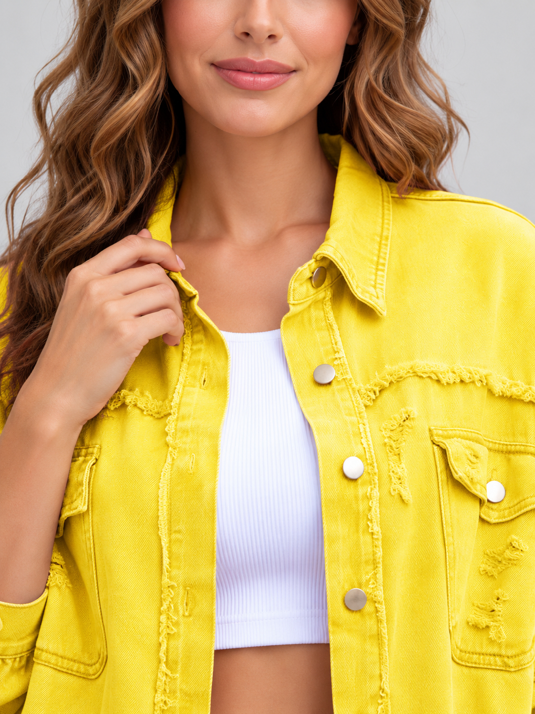 Yellow Solid Regular Denim Jacket with Long Sleeves