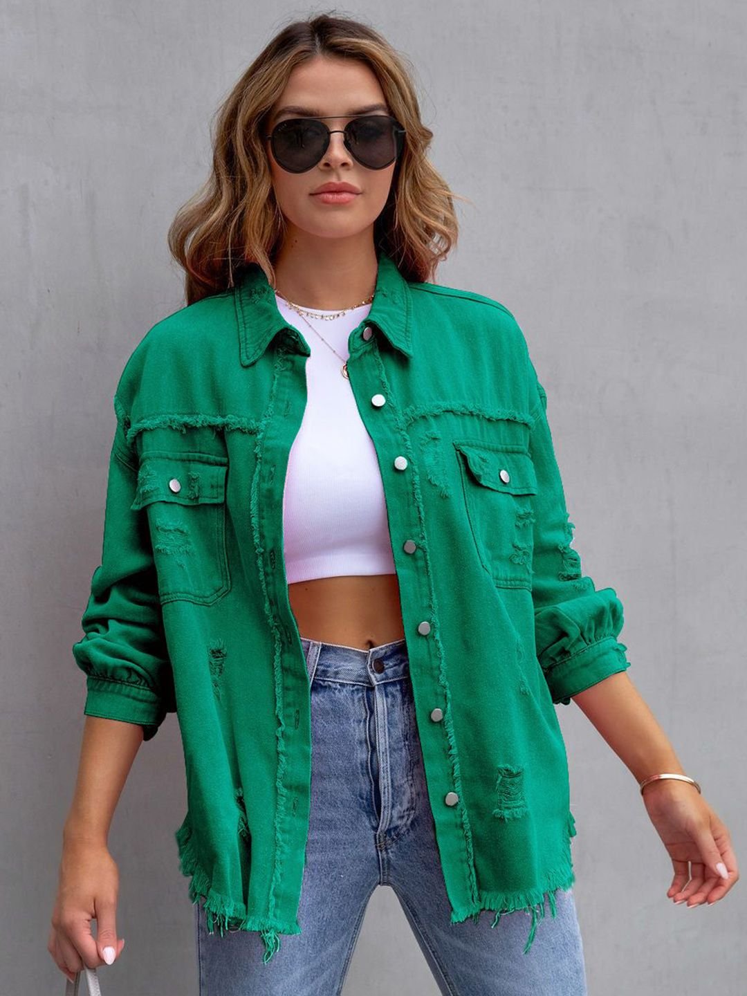 Green Solid Regular Denim Jacket with Long Sleeves
