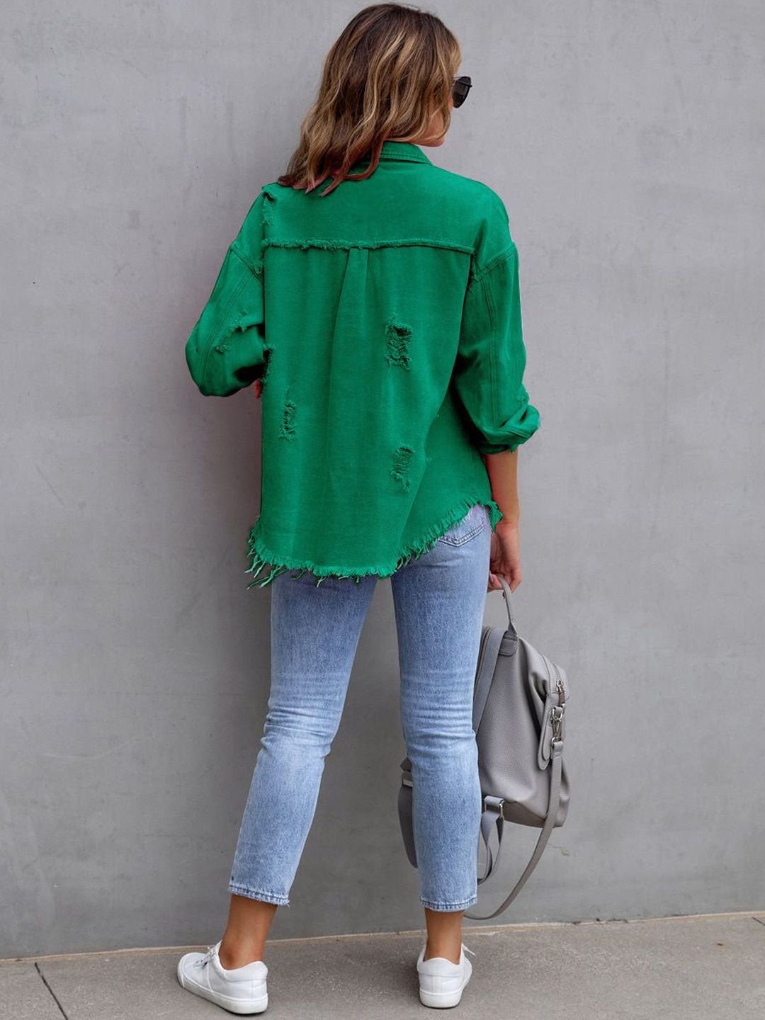 Green Solid Regular Denim Jacket with Long Sleeves