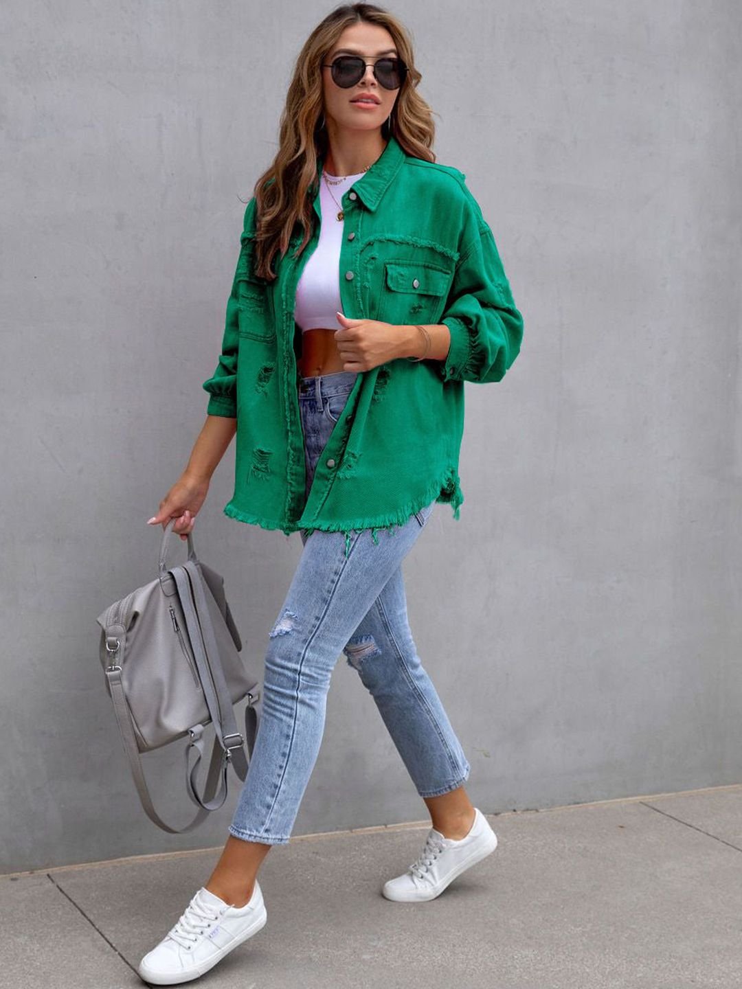 Green Solid Regular Denim Jacket with Long Sleeves