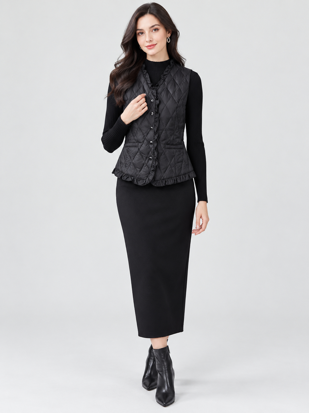 Black Quilted Regular Padded Jacket with Long Sleeves