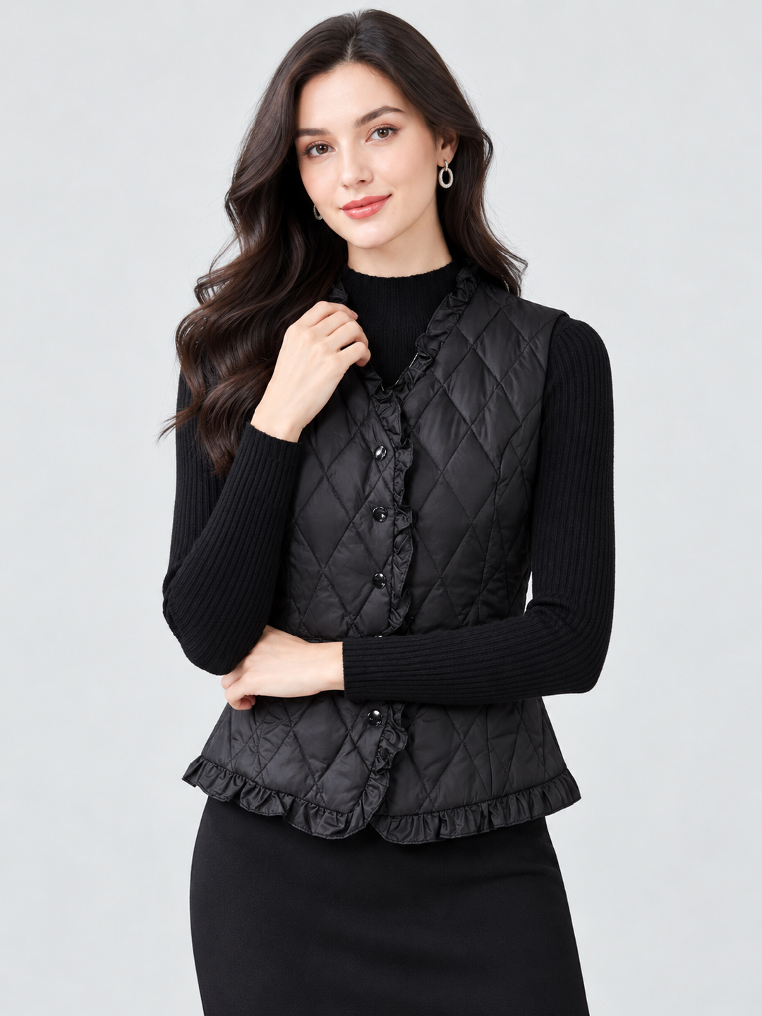 Black Quilted Regular Padded Jacket with Long Sleeves