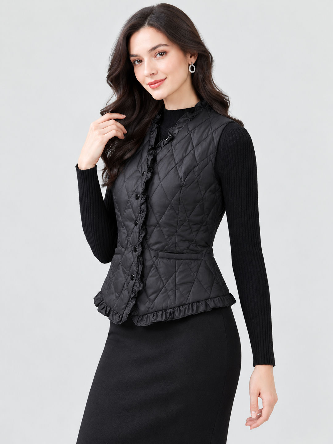 Black Quilted Regular Padded Jacket with Long Sleeves