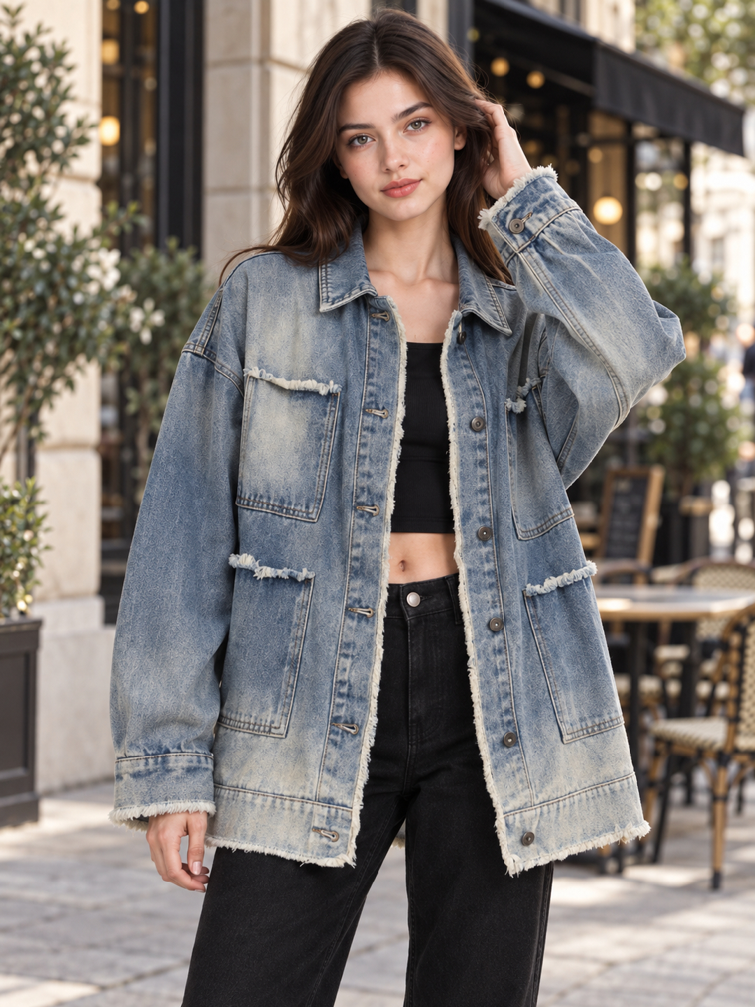 Blue Acid Washed Regular Denim Jacket with Long Sleeves
