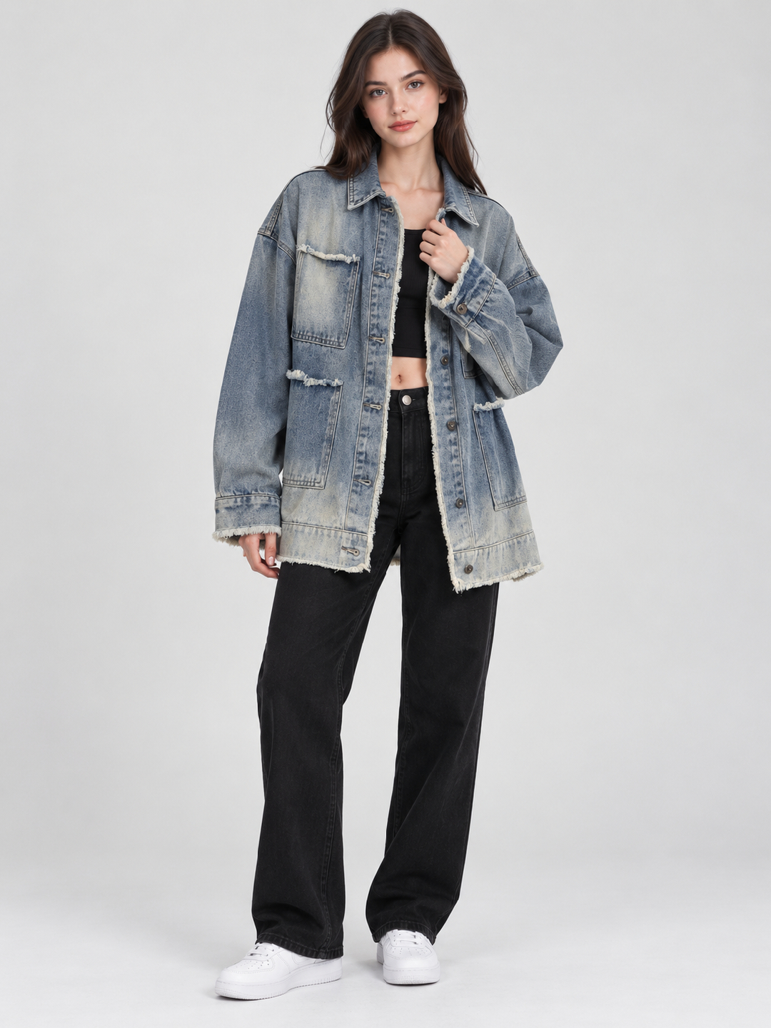 Blue Acid Washed Regular Denim Jacket with Long Sleeves