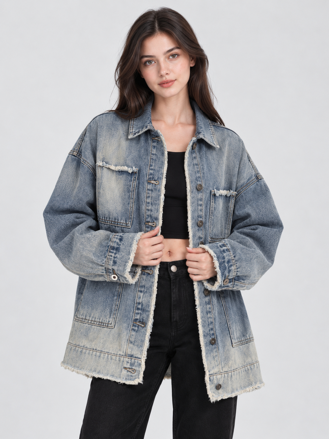 Blue Acid Washed Regular Denim Jacket with Long Sleeves