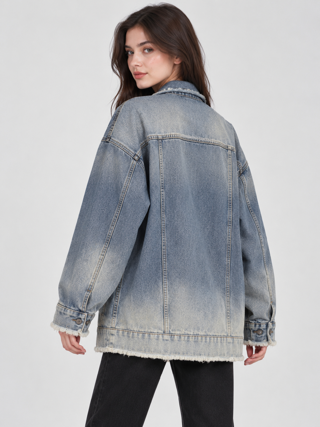 Blue Acid Washed Regular Denim Jacket with Long Sleeves