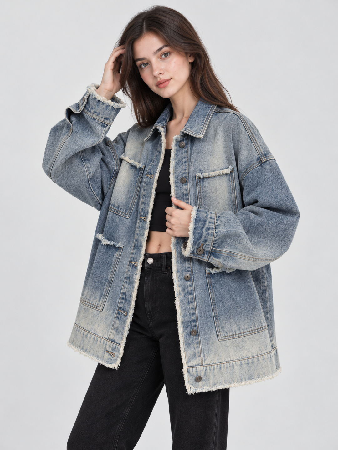 Blue Acid Washed Regular Denim Jacket with Long Sleeves
