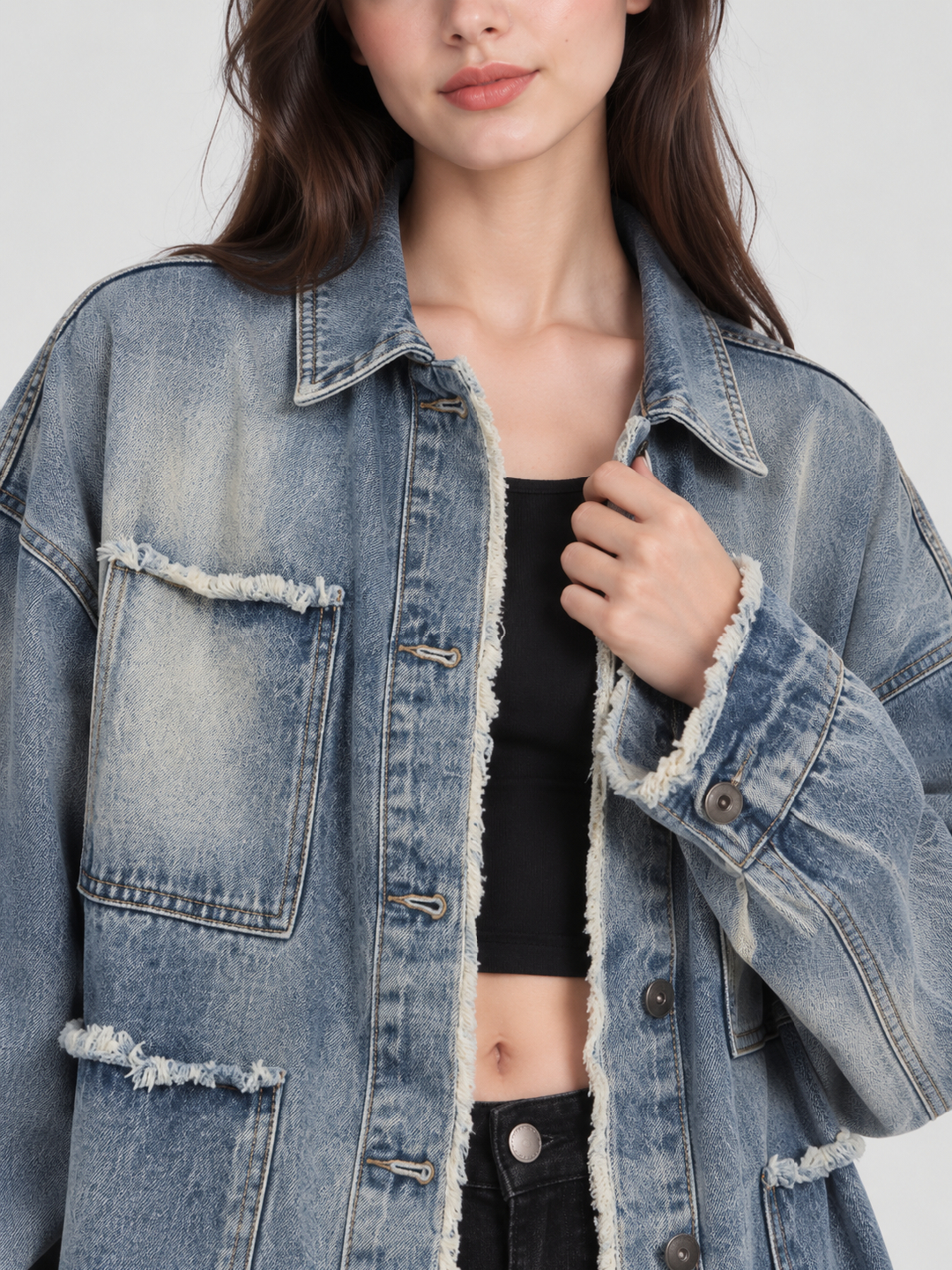 Blue Acid Washed Regular Denim Jacket with Long Sleeves