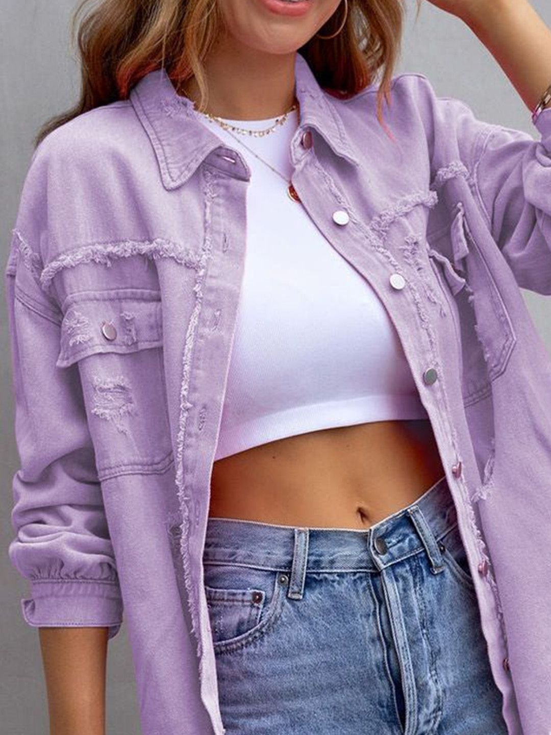 Purple Distressed Regular Denim Jacket with Long Sleeves