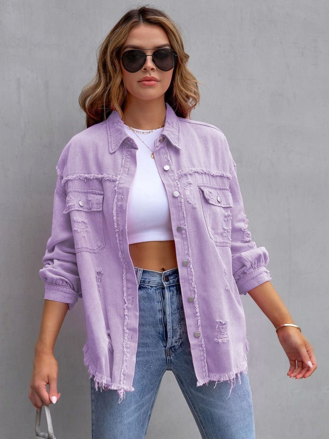 Purple Distressed Regular Denim Jacket with Long Sleeves