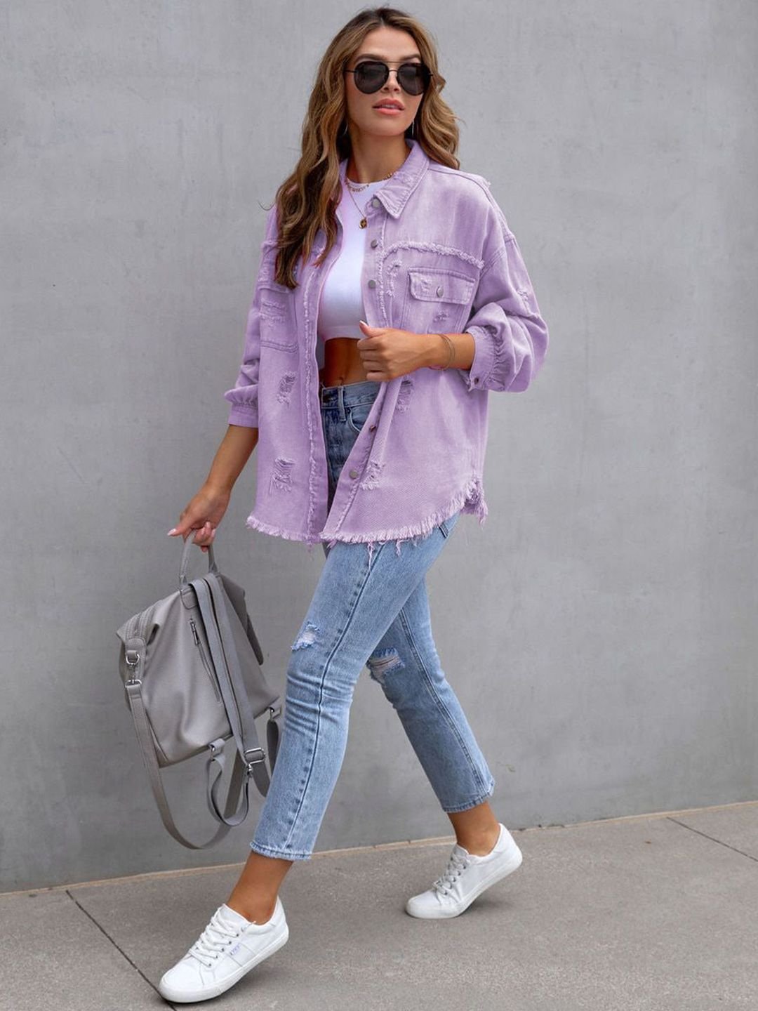 Purple Distressed Regular Denim Jacket with Long Sleeves