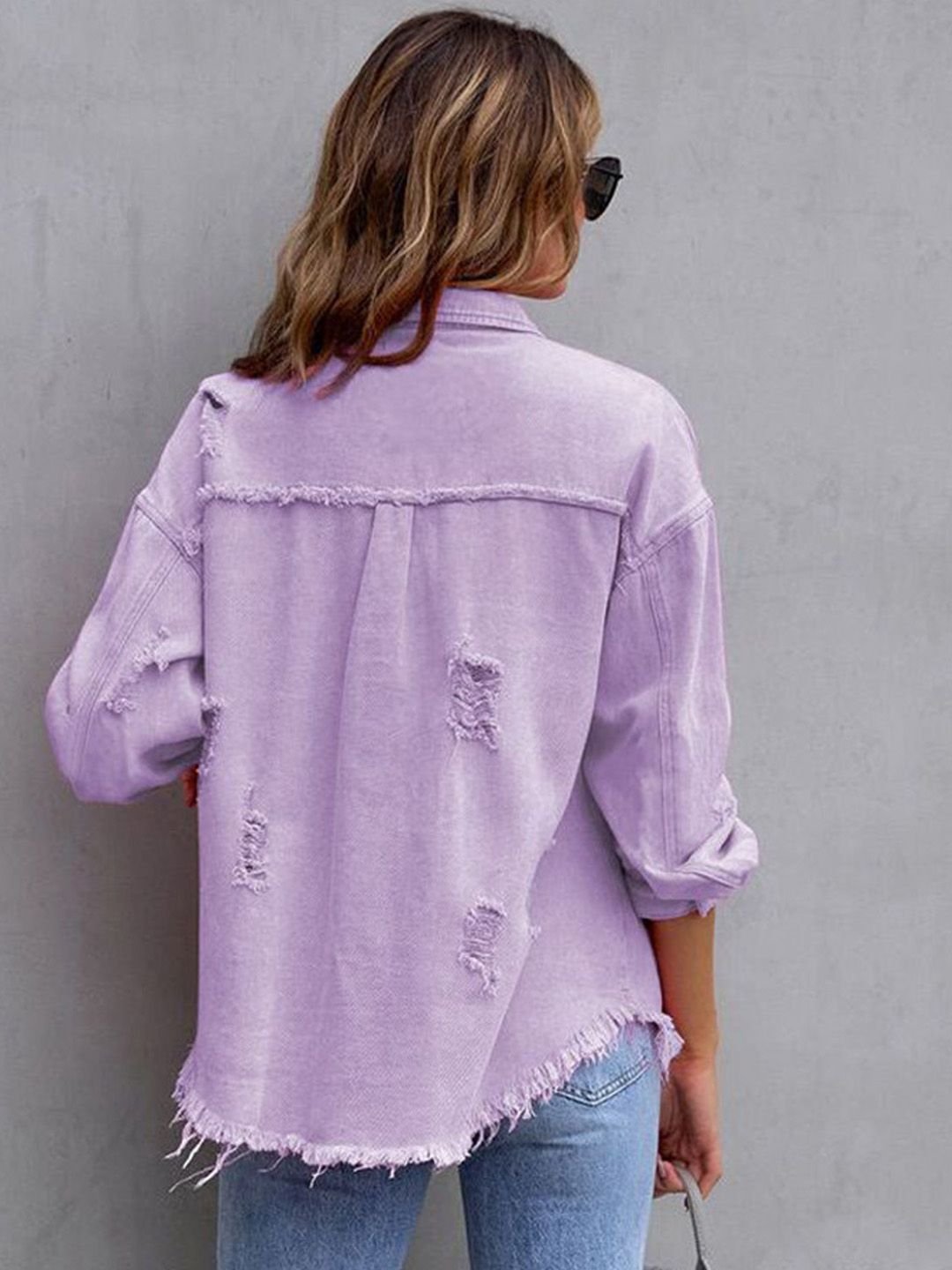 Purple Distressed Regular Denim Jacket with Long Sleeves