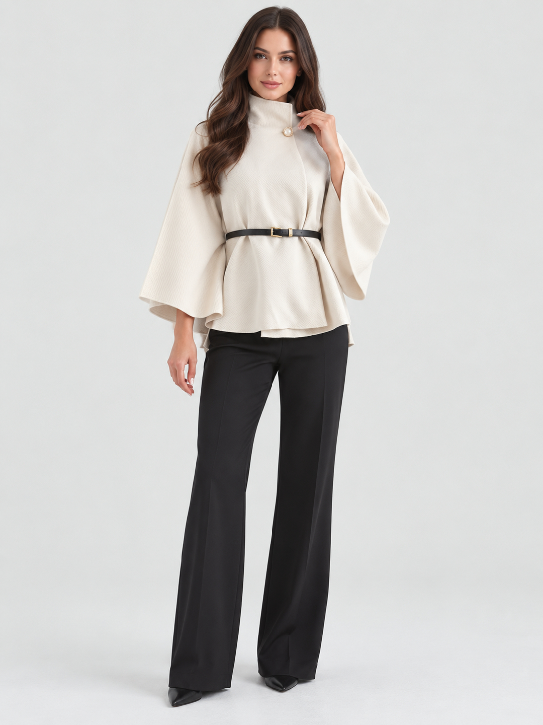 Cream Solid Regular Cape with 3/4 Sleeves
