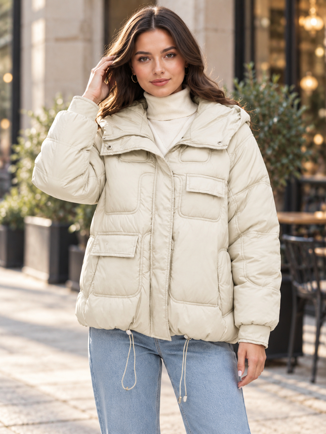 Off White Solid Regular Jacket with Long Sleeves