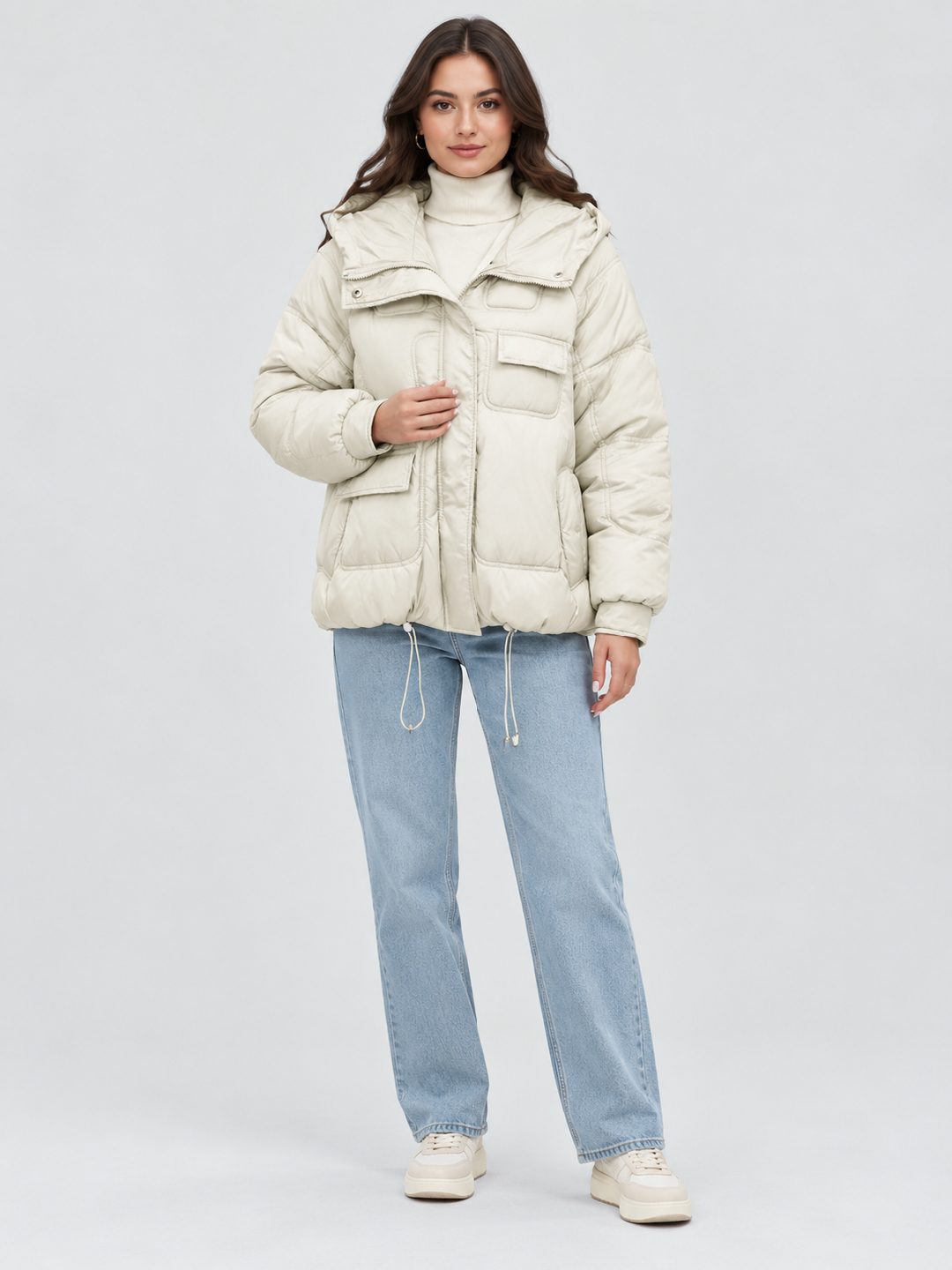 Off White Solid Regular Jacket with Long Sleeves