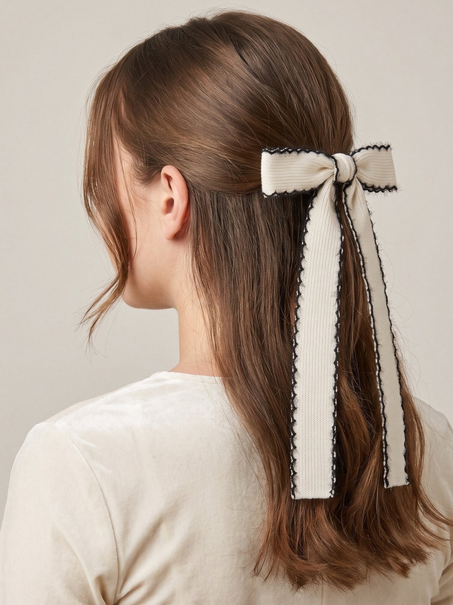 Bow Barrette Hair Clip with Stitch Detail