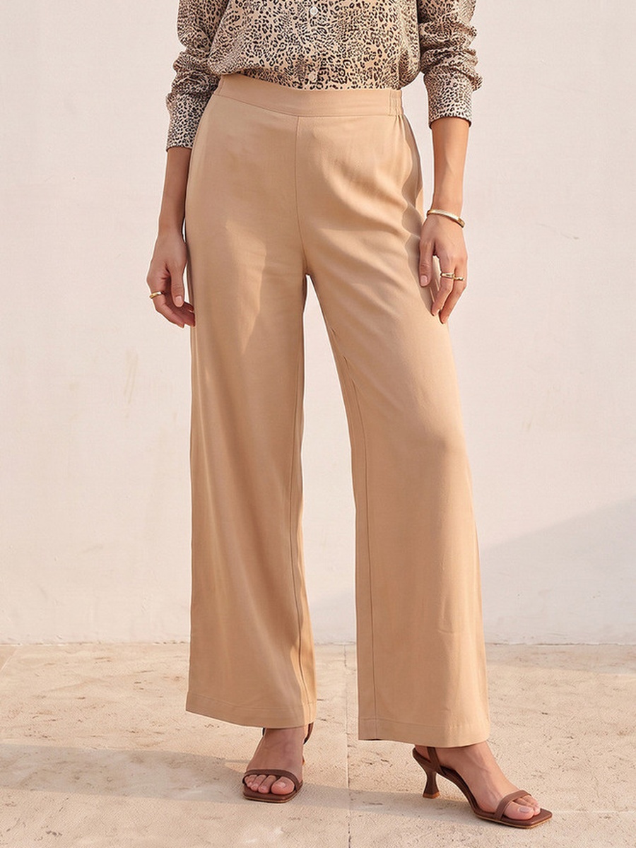 Relaxed Fit Palazzo Pants with Semi-Elastic Waistband