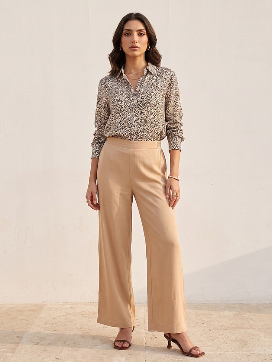 Relaxed Fit Palazzo Pants with Semi-Elastic Waistband