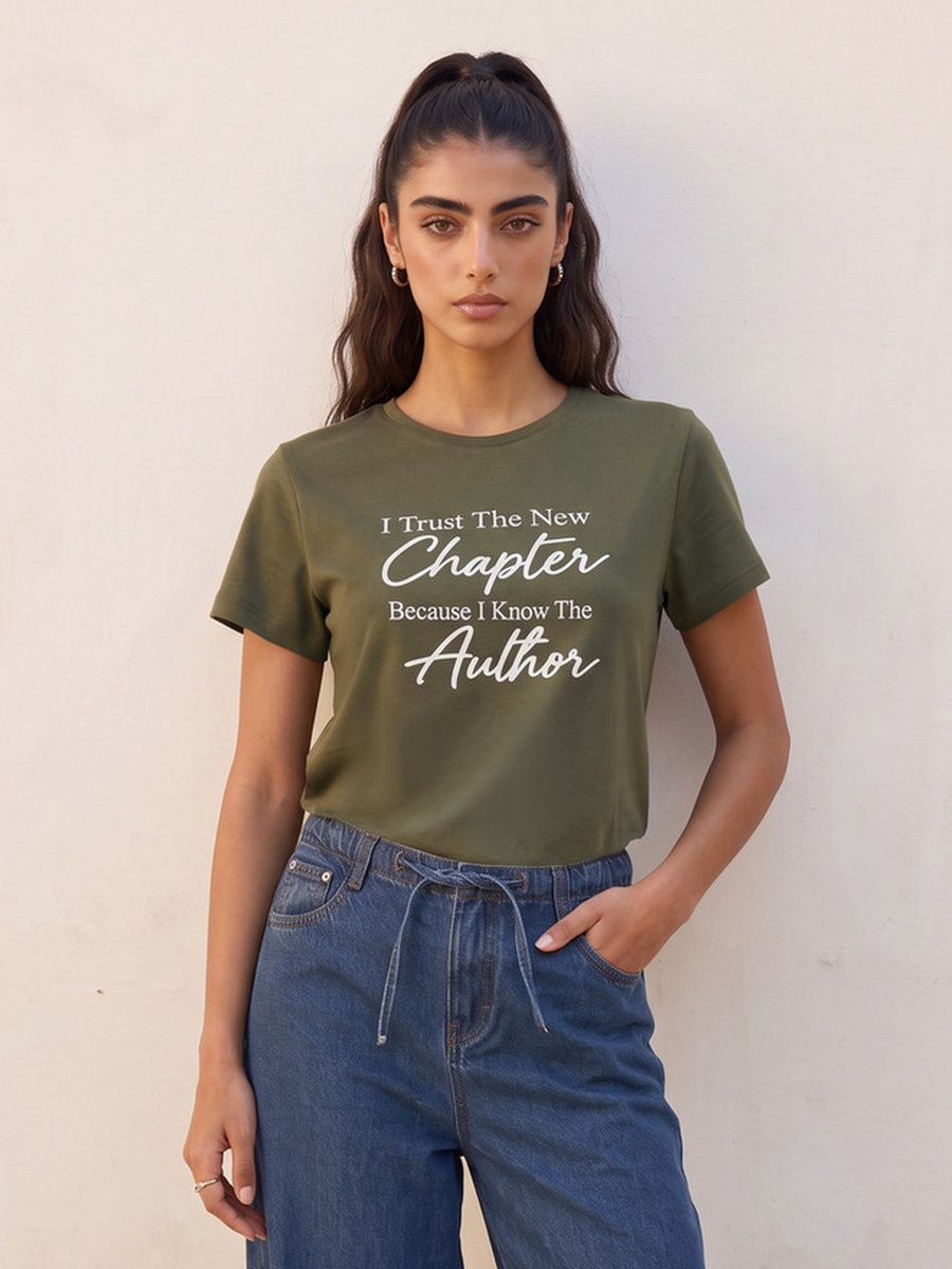 Cotton Slogan Print T-Shirt