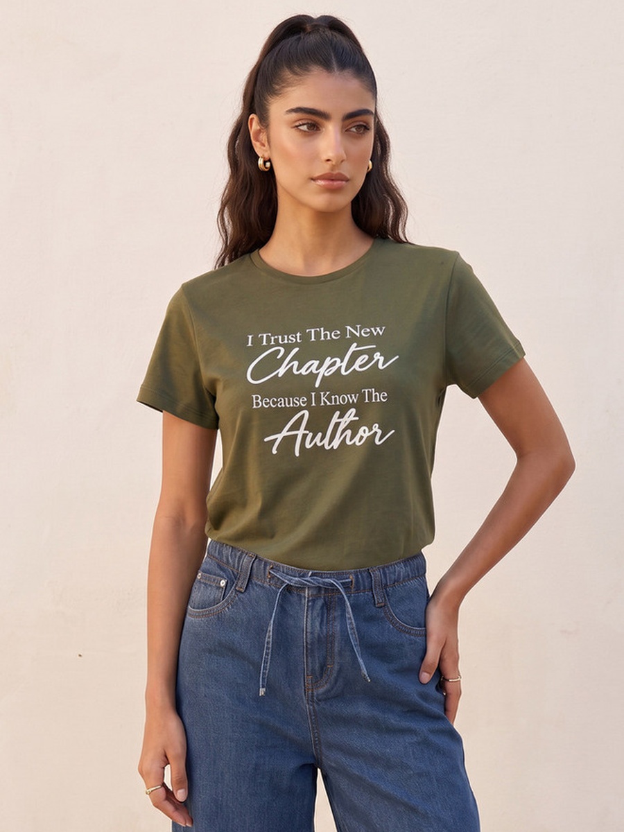 Cotton Slogan Print T-Shirt