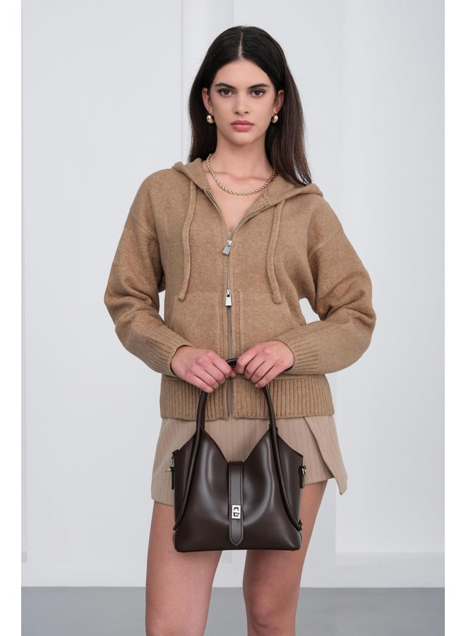 Brown Handbag with Turn Lock Closure