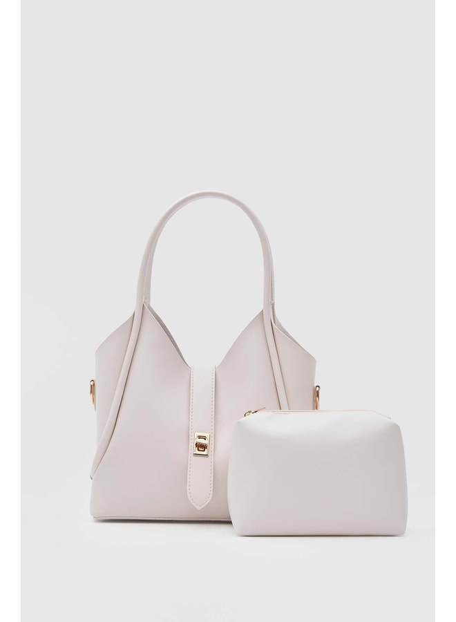 Cream Handbag with Buckle Closure