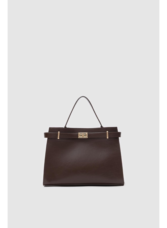 Coffee Brown Handbag with Hasp Lock Closure