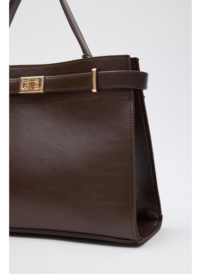 Coffee Brown Handbag with Hasp Lock Closure