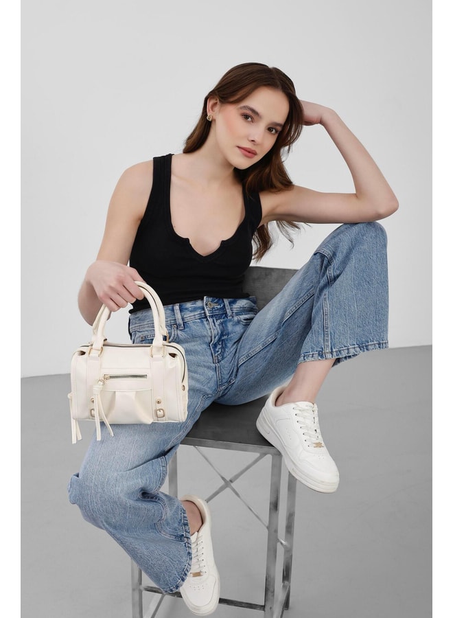 Cream Handbag with Zip Closure