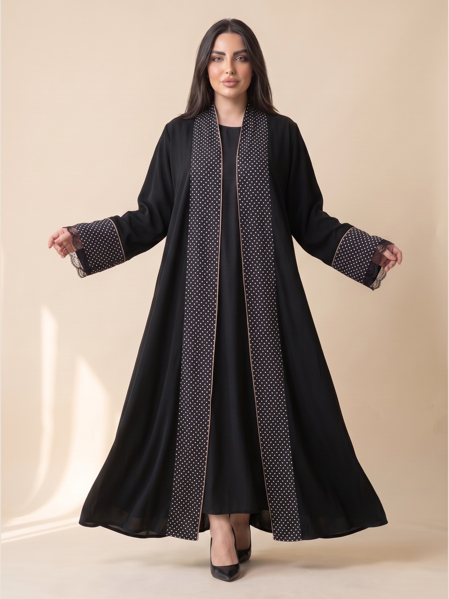 Black Abaya with Polka Dot and Lace Trim