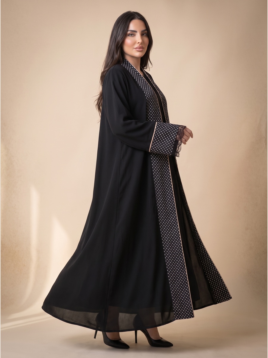 Black Abaya with Polka Dot and Lace Trim