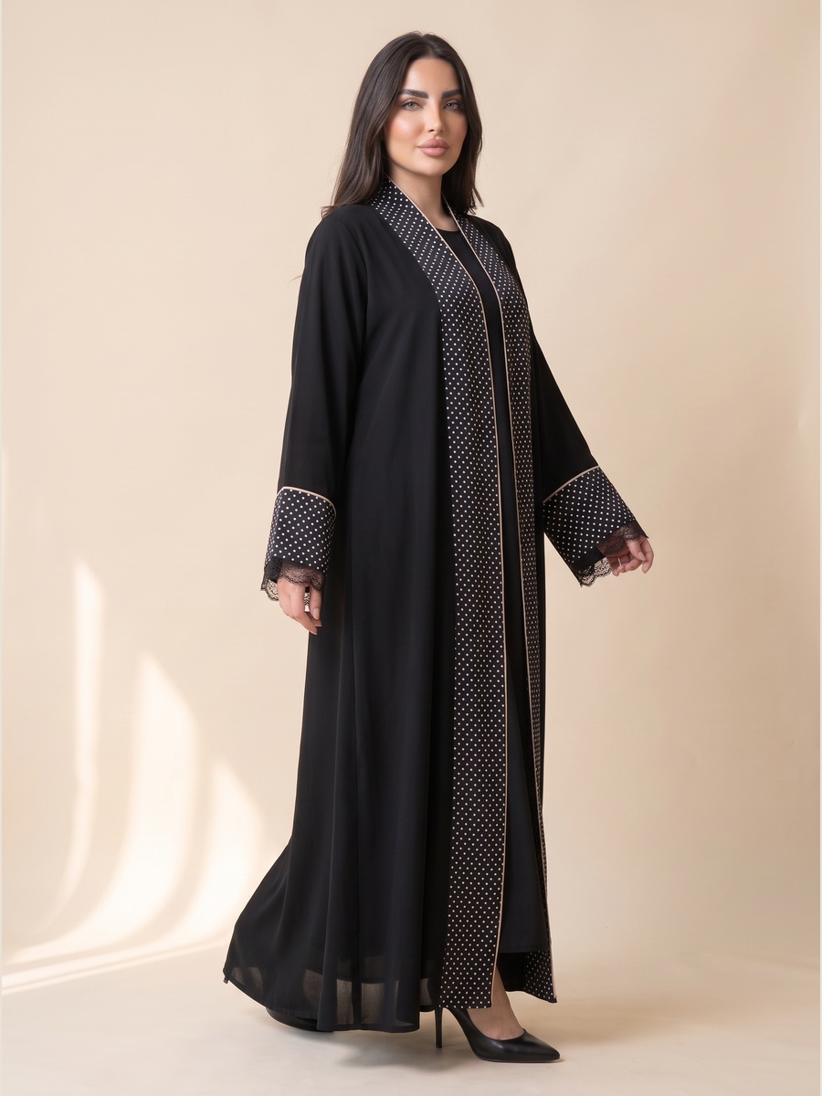 Black Abaya with Polka Dot and Lace Trim