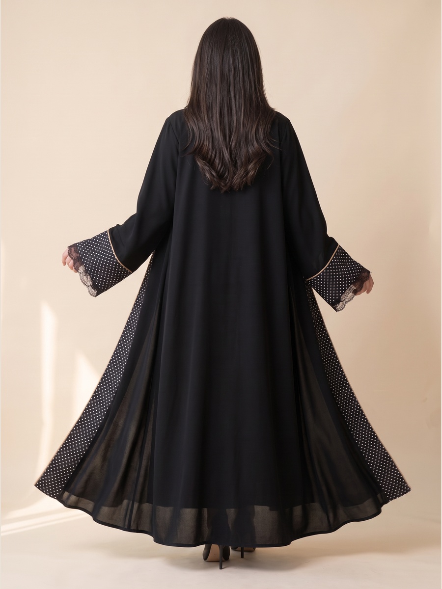 Black Abaya with Polka Dot and Lace Trim
