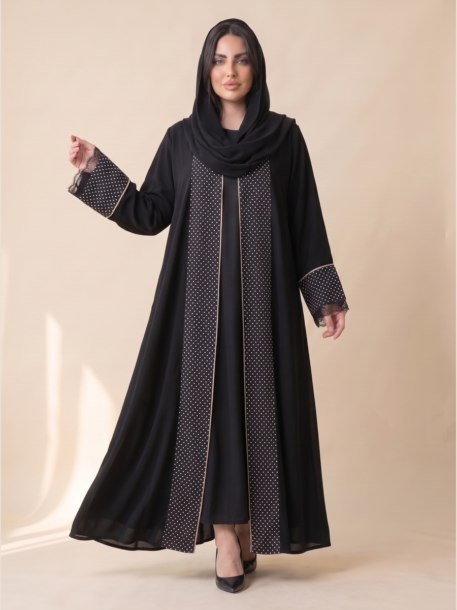 Black Abaya with Polka Dot and Lace Trim