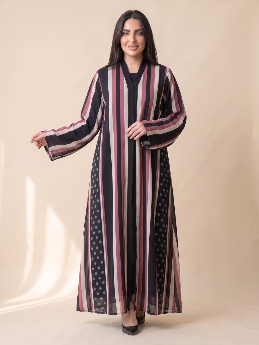 Black Striped Abaya with Polka Dot Accent